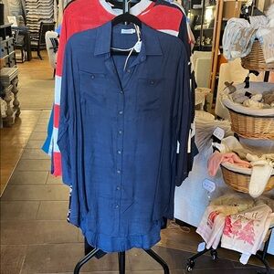 Navy Button-Front Long Shirt